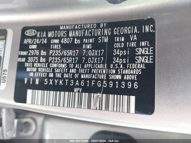 KIA SORENTO LX 2015 5XYKT3A61FG591396 Image 9