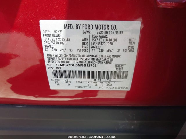 Ford EXPLORER XLT 2021 1FMSK7DH3MGB12702 Image 9
