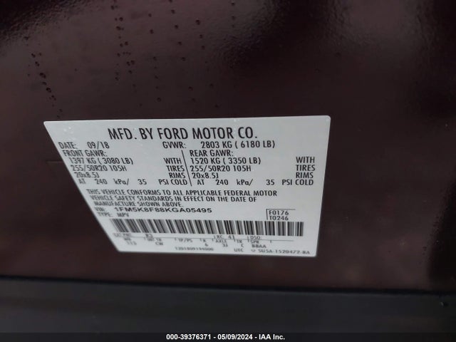 1FM5K8F88KGA05495 Ford Explorer Limited