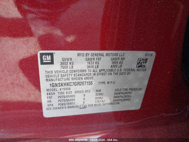 Chevrolet Suburban Lt 2016 1GNSKHKC7GR267156 Image 9