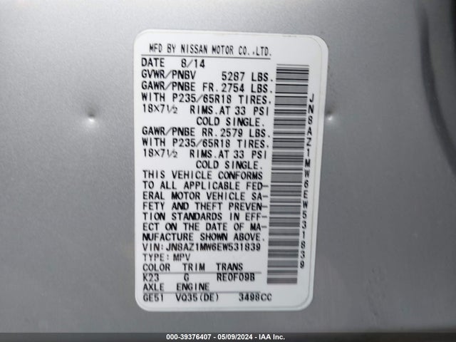 Nissan MURANO S 2014 JN8AZ1MW6EW531839 Image 9