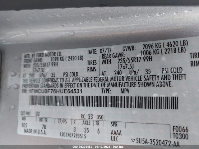 Ford ESCAPE S 2017 1FMCU0F76HUE64531 Image 9