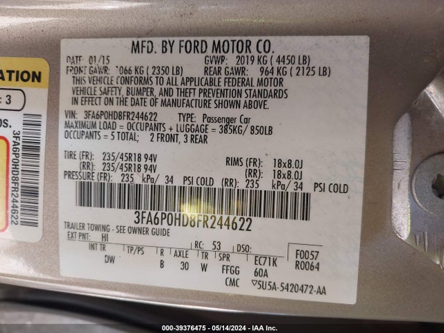 Ford FUSION SE 2015 3FA6P0HD8FR244622 Image 9