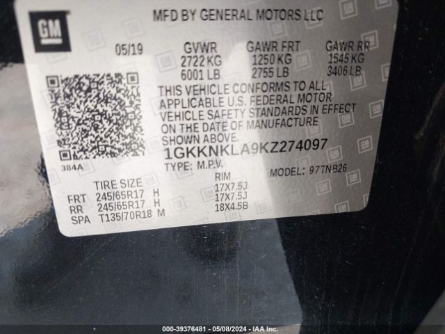 1GKKNKLA9KZ274097 GMC Acadia Sle-1