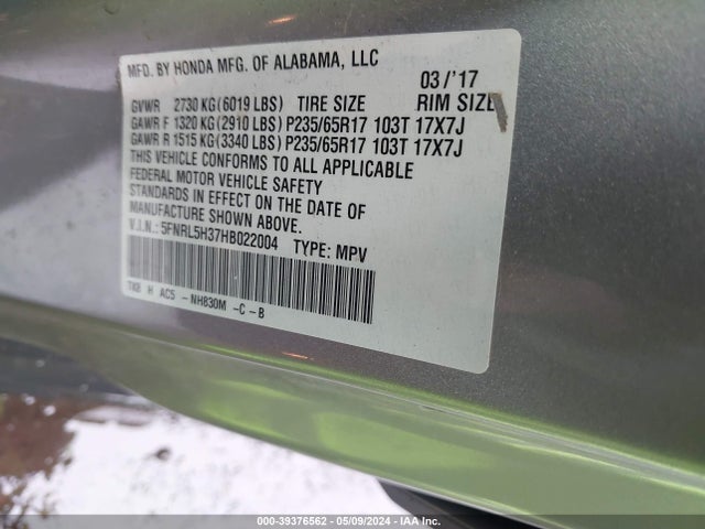 Honda ODYSSEY SE 2017 5FNRL5H37HB022004 Image 9