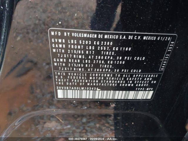 3VV3B7AX0LM103434 Volkswagen Tiguan 2.0t Se/2.0t Se R-line Black/2.0t Sel
