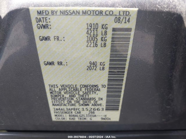 Nissan Altima 2.5 S 2015 1N4AL3AP8FC152663 Image 9