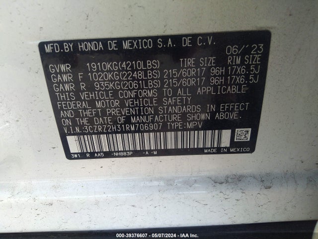 Honda Hr-v Awd Lx 2024 3CZRZ2H31RM706907 Image 9