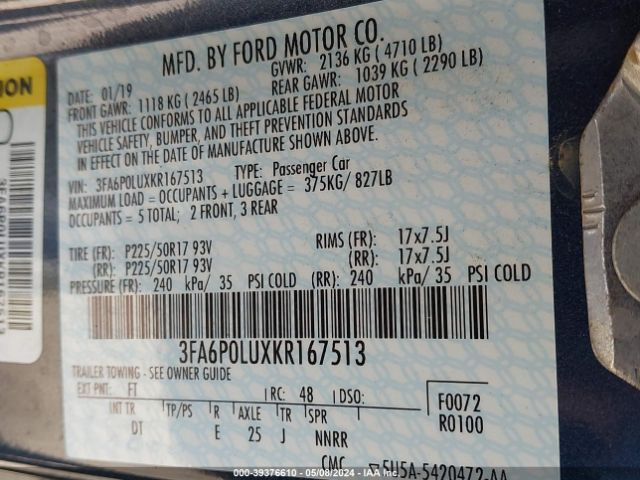 3FA6P0LUXKR167513 Ford Fusion Hybrid Se