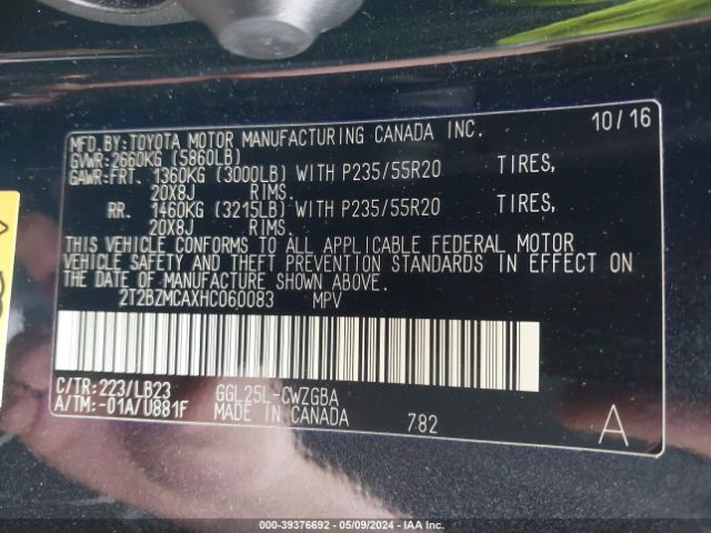 2T2BZMCAXHC060083 Lexus RX 350