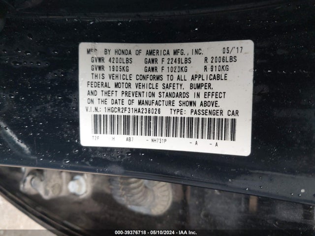 Honda ACCORD LX 2017 1HGCR2F31HA238026 Image 9