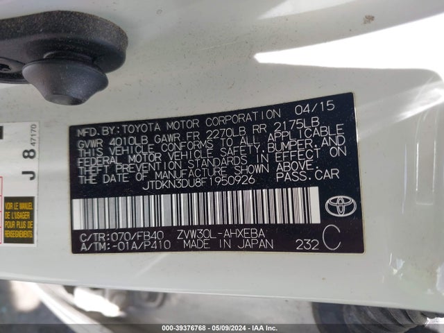 Toyota Prius Two 2015 JTDKN3DU8F1950926 Image 9