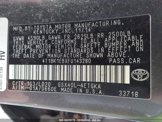 Toyota AVALON XLE 2015 4T1BK1EBXFU143280 Image 9