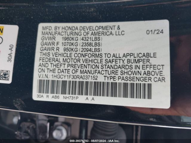 1HGCY1F30RA037152 Honda ACCORD EX