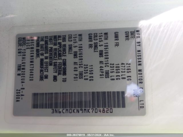 3N6CM0KN9MK704820 Nissan Nv200 Compact Cargo Sv Xtronic Cvt