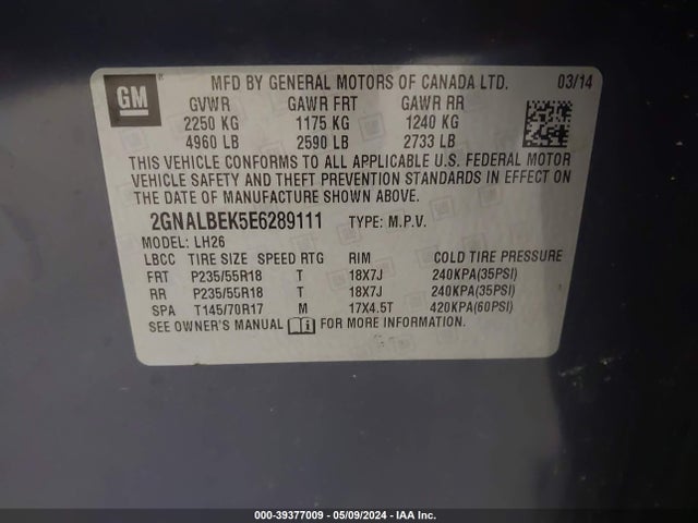 Chevrolet EQUINOX 1LT 2014 2GNALBEK5E6289111 Image 9