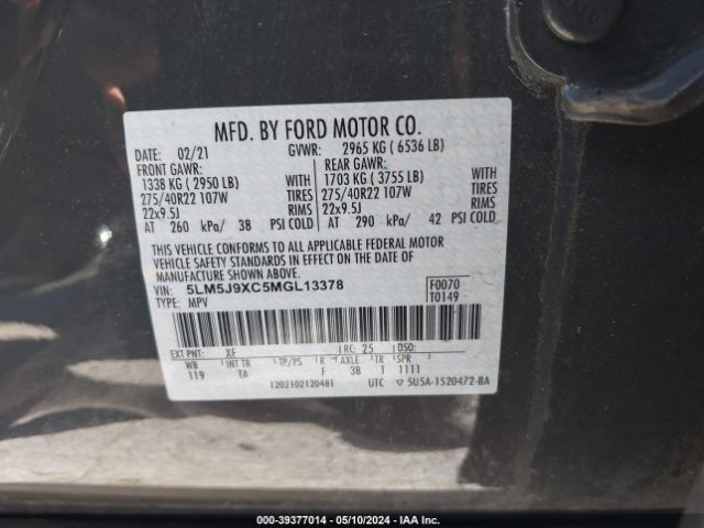 5LM5J9XC5MGL13378 Lincoln Aviator Black Label
