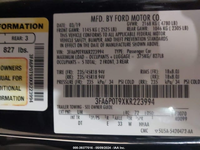 Ford FUSION SE 2019 3FA6P0T9XKR223994 Image 9