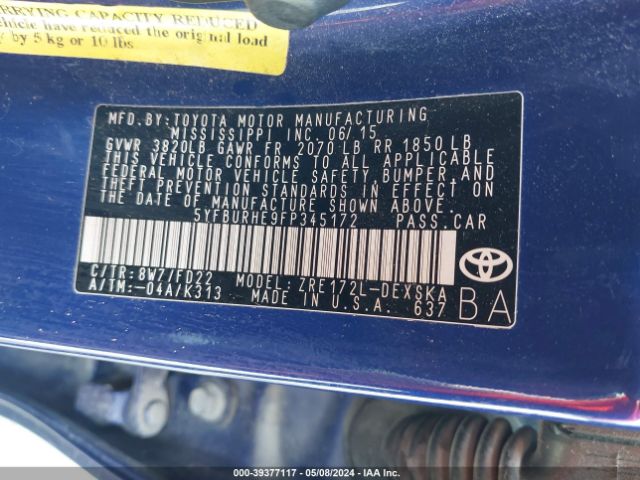 5YFBURHE9FP345172 Toyota Corolla S Plus