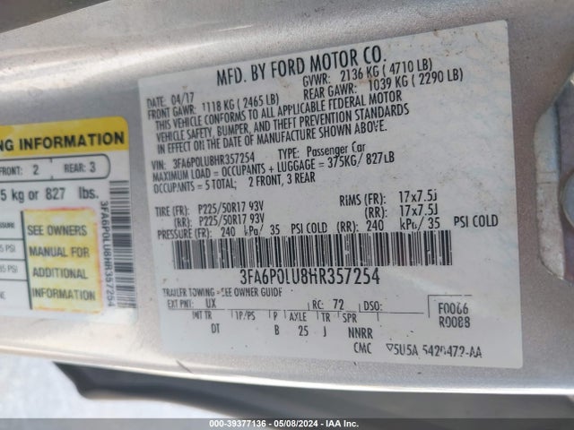 Ford Fusion Hybrid Se 2017 3FA6P0LU8HR357254 Image 9