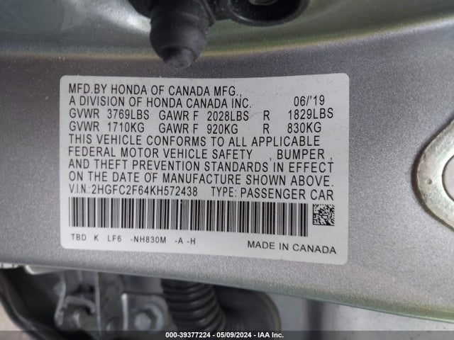 Honda Civic Lx 2019 2HGFC2F64KH572438 Image 9