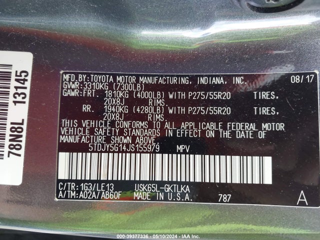 Toyota Sequoia Limited 2018 5TDJY5G14JS155979 Image 9