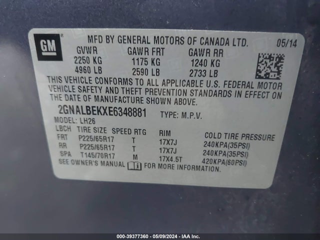 Chevrolet EQUINOX 1LT 2014 2GNALBEKXE6348881 Image 9