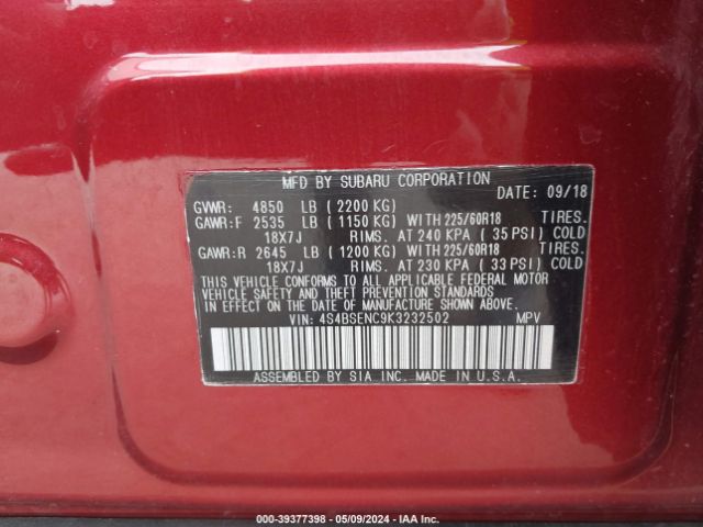 4S4BSENC9K3232502 Subaru Outback 3.6r Limited