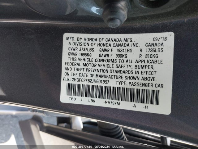 Honda Civic Lx 2018 2HGFC2F52JH601957 Image 9