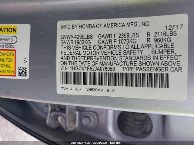 Honda Accord Ex-l 2018 1HGCV1F52JA076050 Image 9
