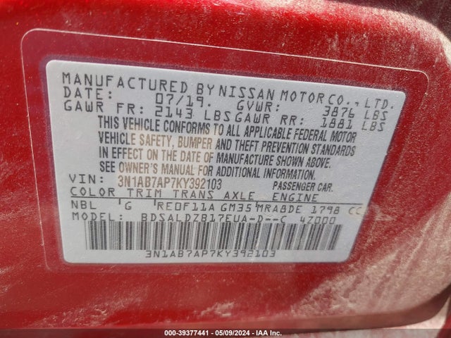 Nissan SENTRA SV 2019 3N1AB7AP7KY392103 Image 9