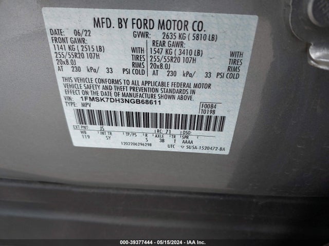 Ford EXPLORER XLT 2022 1FMSK7DH3NGB68611 Image 9