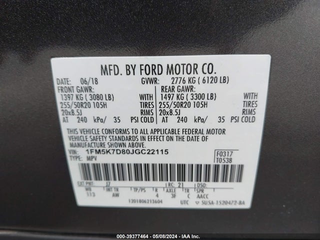 Ford EXPLORER XLT 2018 1FM5K7D80JGC22115 Image 9