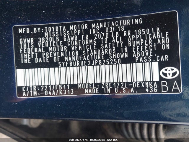 Toyota COROLLA LE 2018 5YFBURHE3JP825250 Image 9