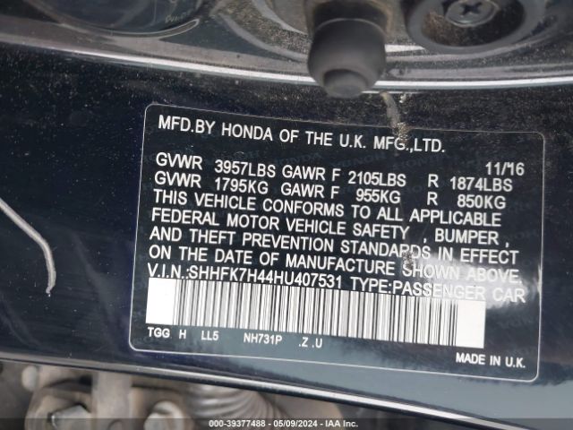 SHHFK7H44HU407531 Honda Civic Sport