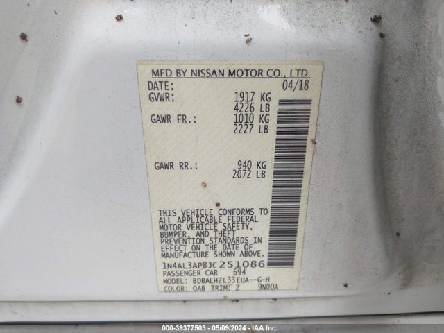 Nissan Altima 2.5 Sr 2018 1N4AL3AP8JC251086 Image 9