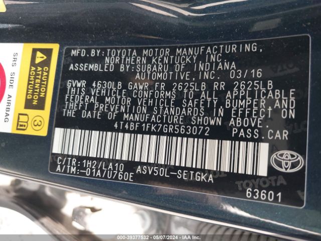 4T4BF1FK7GR563072 Toyota Camry Le/se/xle/xse