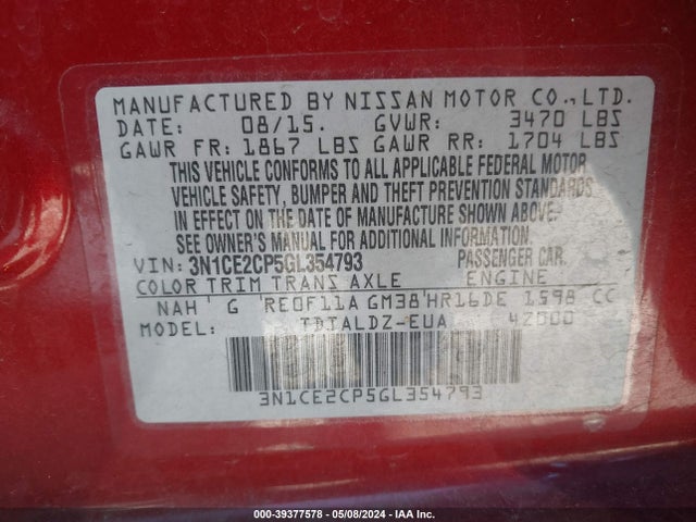 Nissan Versa Note S (sr)/s Plus/sl/sr/sv 2016 3N1CE2CP5GL354793 Image 9