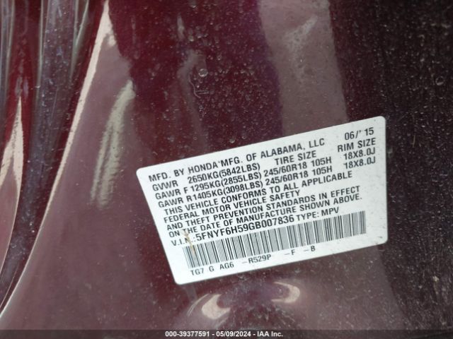 5FNYF6H59GB007836 Honda Pilot Ex-l