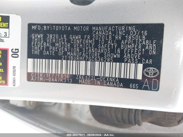 Toyota COROLLA LE 2016 2T1BURHE7GC636285 Image 9