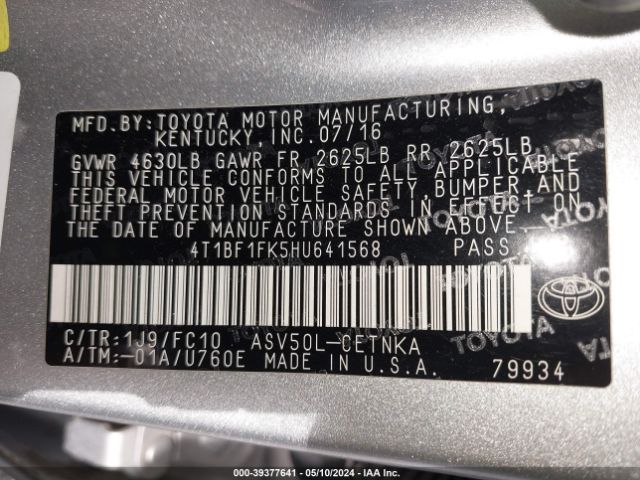4T1BF1FK5HU641568 Toyota Camry Le/se/xle/xse