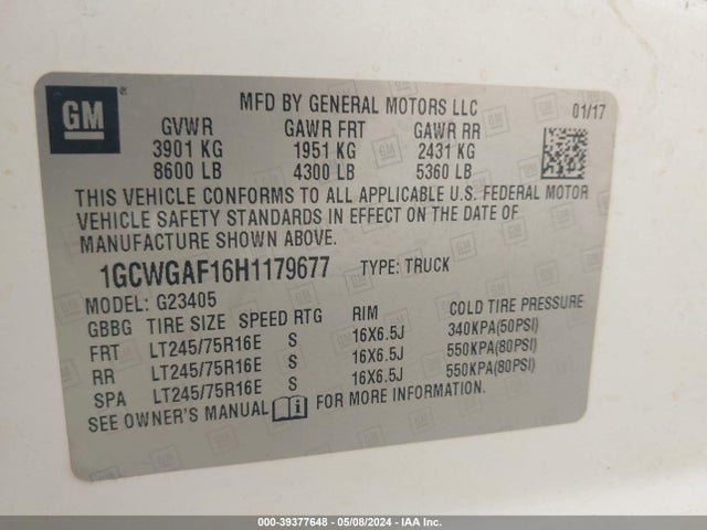 Chevrolet Express 2500 Work Van 2017 1GCWGAF16H1179677 Image 9