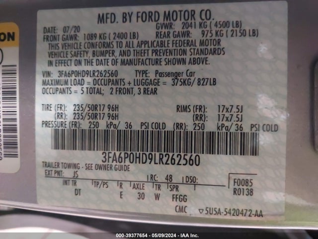Ford FUSION SE 2020 3FA6P0HD9LR262560 Image 9