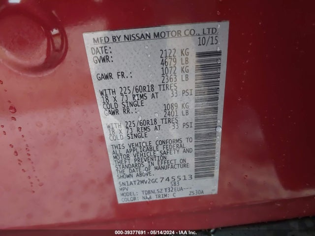 Nissan Rogue Sl 2016 5N1AT2MV2GC745513 Image 9