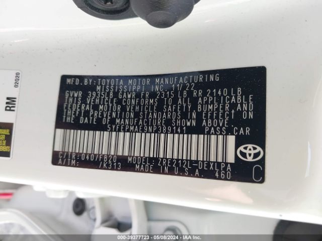 5YFEPMAE9NP389141 Toyota COROLLA LE