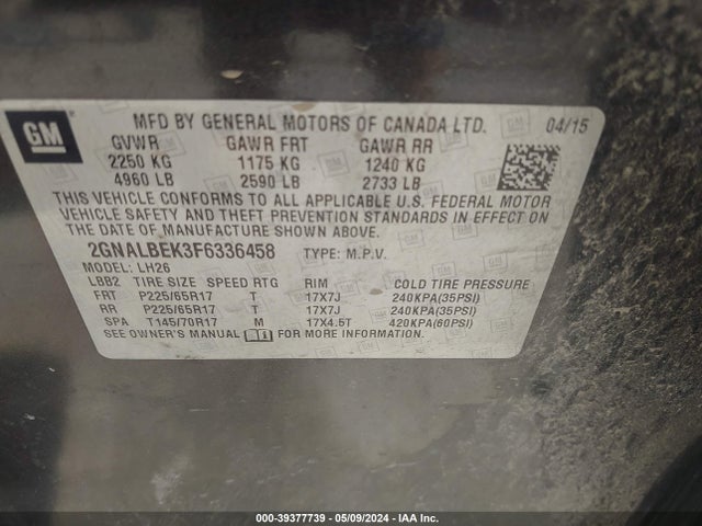 Chevrolet EQUINOX 1LT 2015 2GNALBEK3F6336458 Image 9