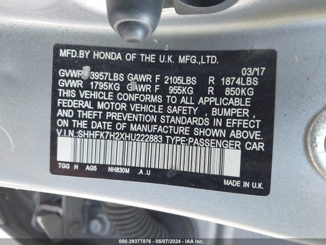 Honda Civic Lx 2017 SHHFK7H2XHU222883 Image 9
