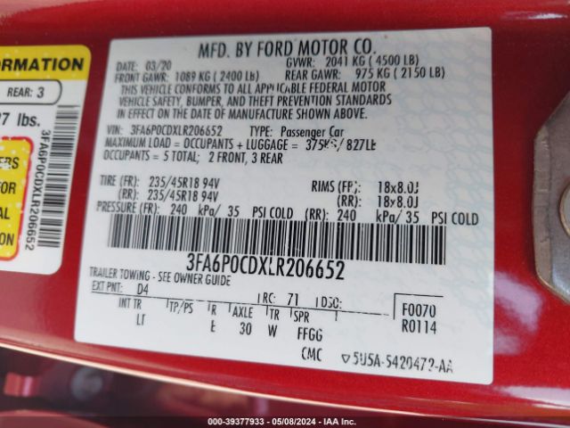 3FA6P0CDXLR206652 Ford FUSION SEL