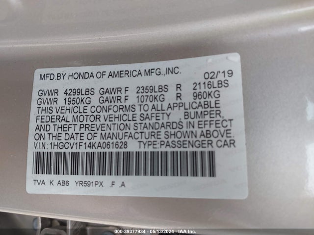 Honda ACCORD LX 2019 1HGCV1F14KA061628 Image 9