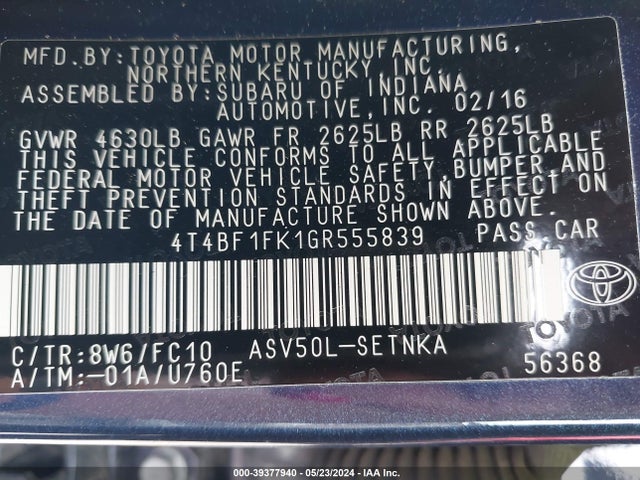 Toyota CAMRY LE 2016 4T4BF1FK1GR555839 Image 9